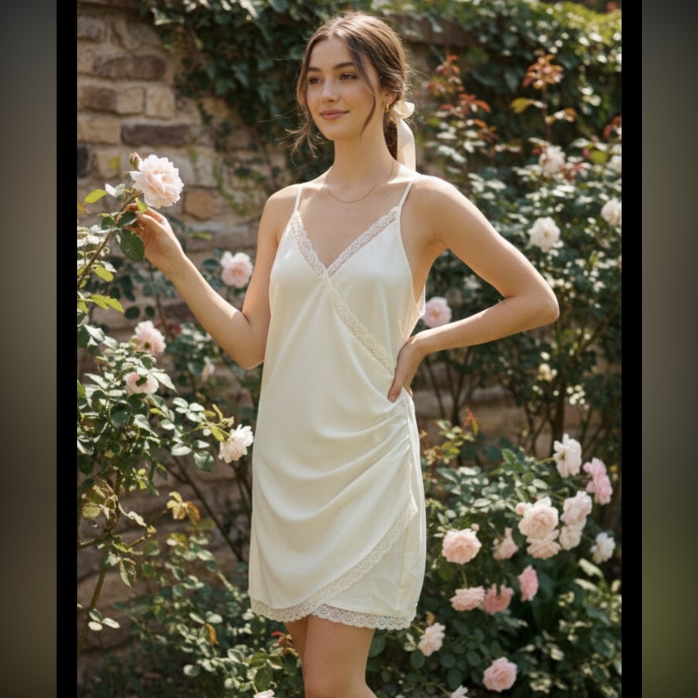 Urban Outfitters Cami Mini Slip Dress Lace Trim Babydoll Asymmetrical Cream L